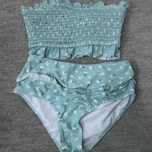 Blue with white flowers bikini set, size small.